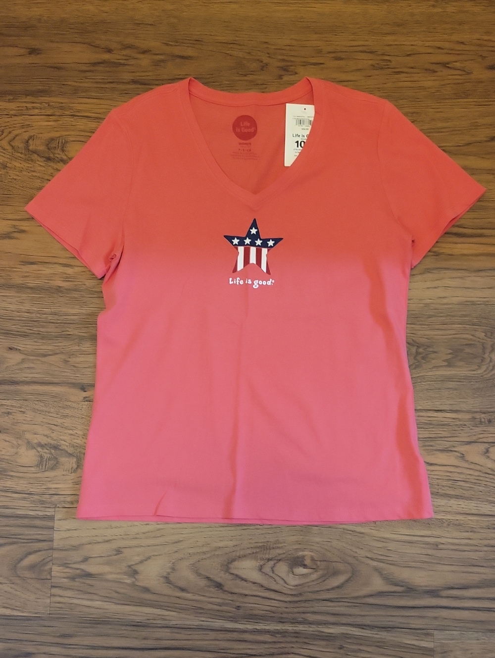Life Is Good Light Red V-Neck Tee with Patriotic Star
